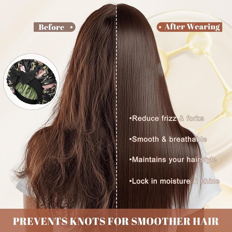 CHLINS Satin Bonnet Silk Bonnet for Sleeping Silk Sleep Cap Double Layer Hair Bonnet with Elastic Tie Band for Curly Hair Night Cap (Black flower+Green) - Image 5